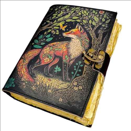 Fox Blank Spell Book of Shadows Leather Journal with Lock Clasp Vintage Handmade Diary Celestial Grimoire gothic Tarot Prayer Pagan Witchcraft Supplies Wiccan Decor Notebook (13 X 10)