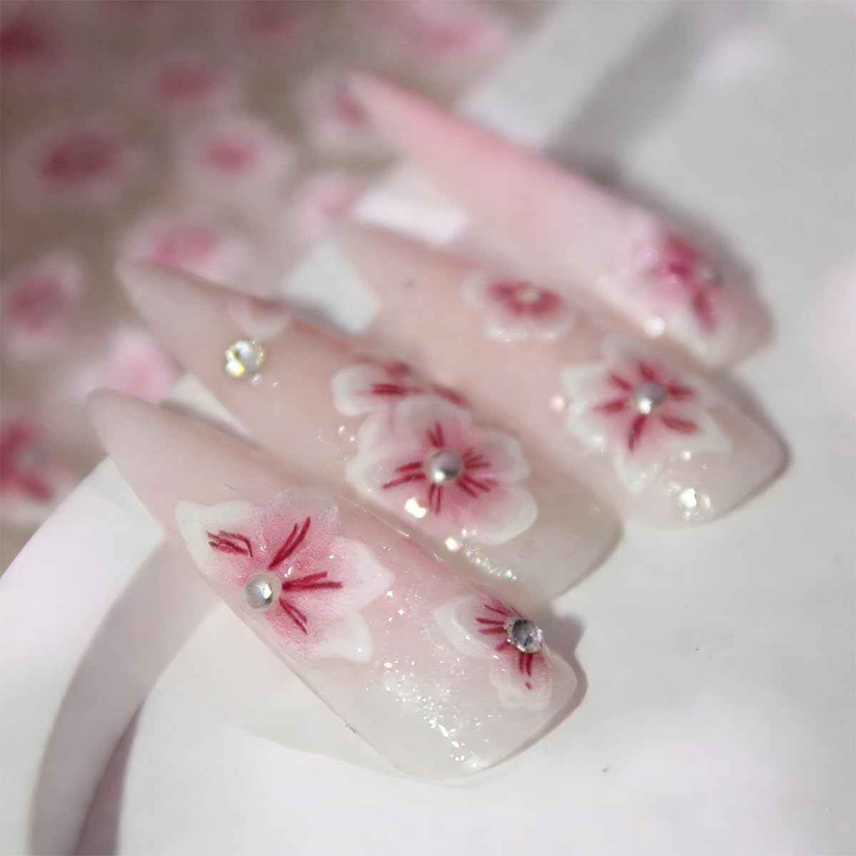 1Sheet Pink Flowers Nail Stickers for Nail Art 5D Embossed Cherry Blossoms Nail Art Stickers Pink White Floral with Rhinestones Design Spring Summer Nail Decals for Women Acrylic Manicure Decoration