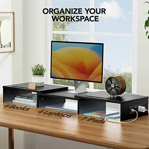 HUANUO Dual Monitor Stand -Monitor Stand with USB ports ,Adjustable Length and Angle, Dual monitor riser w/ Desktop Socket, Monitor Stand Riser for PC, Computer, Laptop (Black)