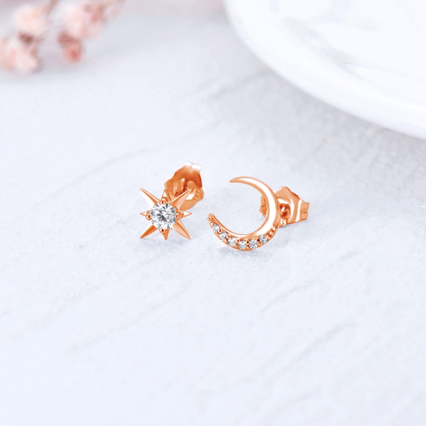 SISGEM 14k Rose Gold Moon and North Star Necklace and Stud Earrings Set, Fine Jewelry for Women