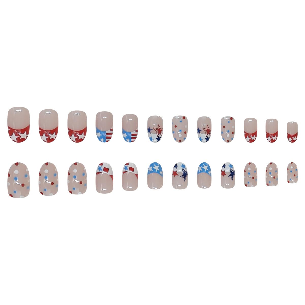 24Pcs 4th of July Press on Nails Petite Short Almond Fake Nails Red White Blue Star with Polka Dot Designs American Flag Full Cover Glue on Nails French Tip False Nails Cute Stick on Nails for Acrylic