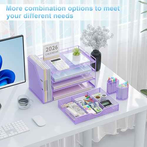 gianotter Desk Organizers and Accessories with File Holder, 4-Tier Desk Accessories & Workspace Organizers with Drawer and 2 Pen Holder, Paper Organizer for Office Supplies (Purple)