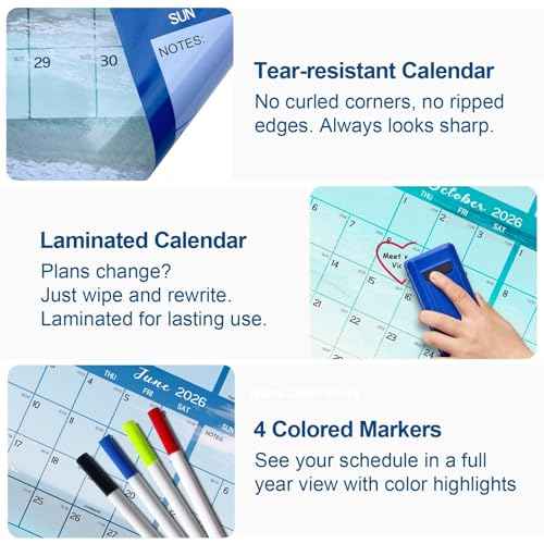 32" x 48" 2026 Wall Calendar Dry Erase - Large Beach Wall Calendar Wet & Dry Erasable Laminated 12 Month Annual Yearly Planner, Reversible, Horizontal/Vertical, Blue