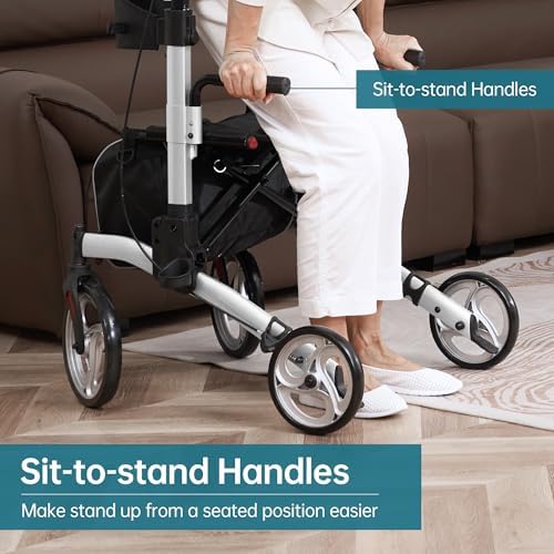 ELENKER Upright Walker, Stand Up Folding Rollator Walker with 10” Front Wheels Backrest Seat and Padded Armrests for Seniors and Adults, Silver