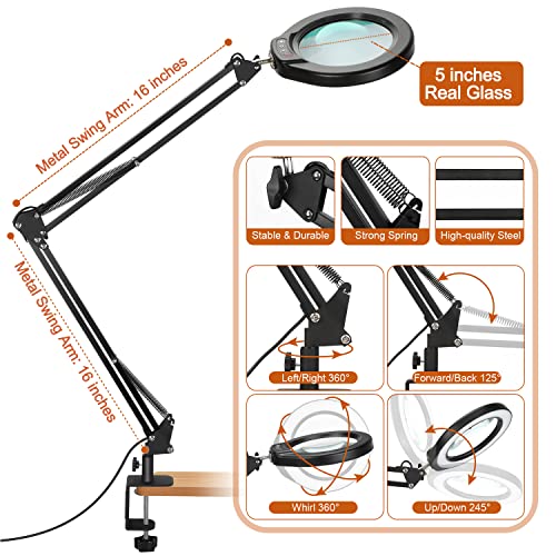 VEEMAGNI 5 Inch Large Magnifying Glass with Light and Stand, 5 Color Modes Stepless Dimmable, 2*16 Inch Swivel Arm LED Clamp Desk Lamp, Hands Free 10X Lighted Magnifier for Close Work Crafts Soldering