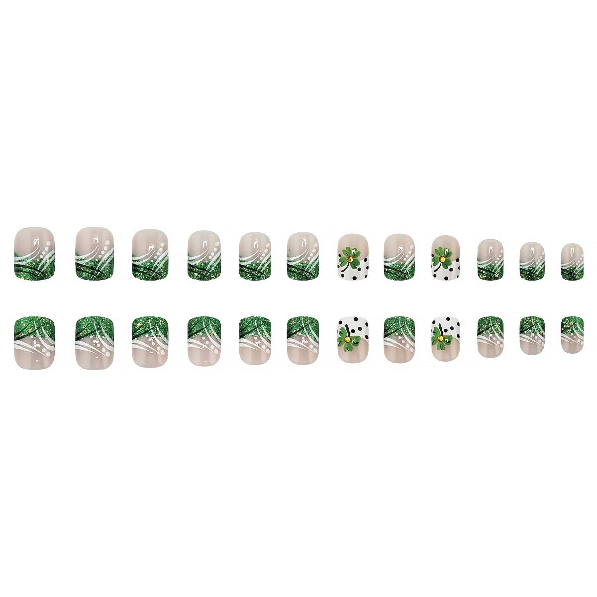 24Pcs St. Patrick's Day French Tip Press on Nails Short Square White Fake Nails Green Shamrock with Gold Rhinestones Nails Design Nude Glossy Full Cover Irish Glue on Nails Stick on Nails for Women