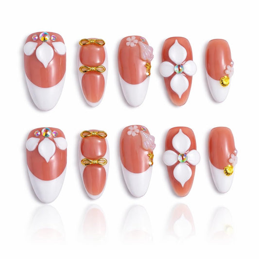 IntoVibes 10 Pieces Handmade Press On Nails Medium Almond, White Thickened French False Nails, 3D Flowers And Sea Shells, Reusable Fake Nails Almond, Reusable Acrylic Nails (M)