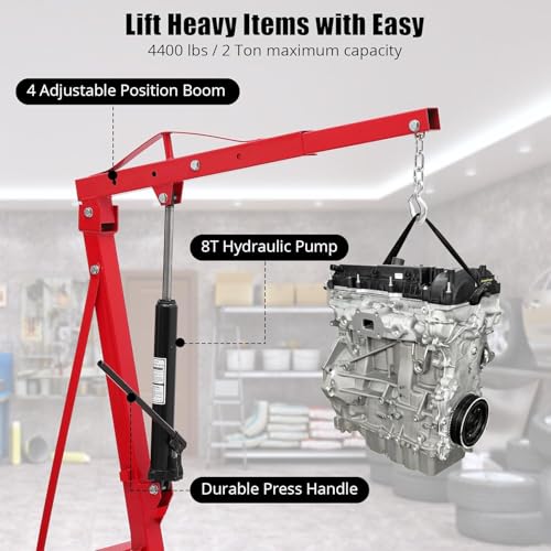 2 Ton Folding Hydraulic Engine Hoist with Load Leveler 4400 LBS Capacity Heavy Duty Cherry Picker 6 Swivel Wheels&Hydraulic Pump Adjustable Boom (0.5T-2T) for Garage Workshop Warehouse Orange