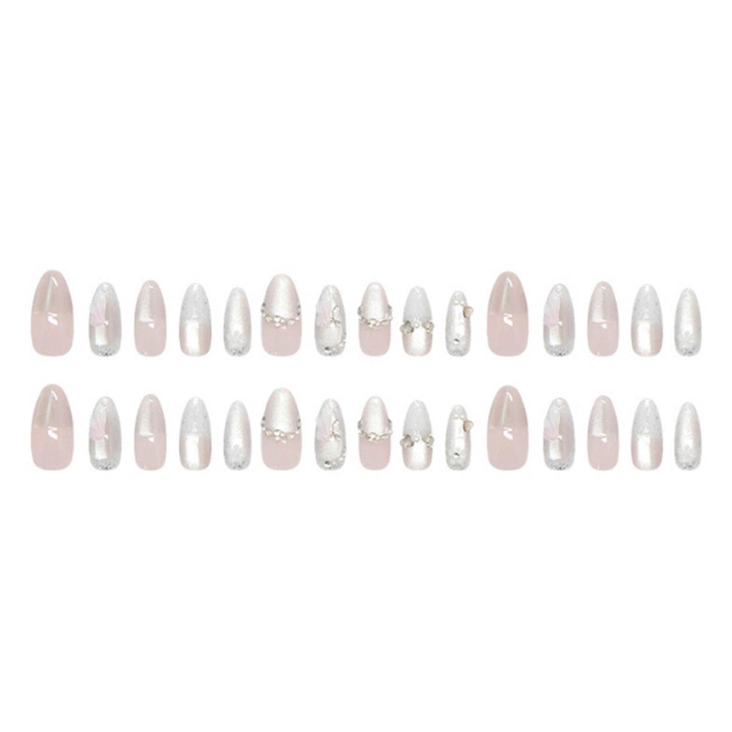 DANMANR Short Press on Nails Almond French Fake Nails Full Cover Nude Acrylic Sparkling Diamonds False Nails for Women and Girls24PCS (Pink Cat Eye)