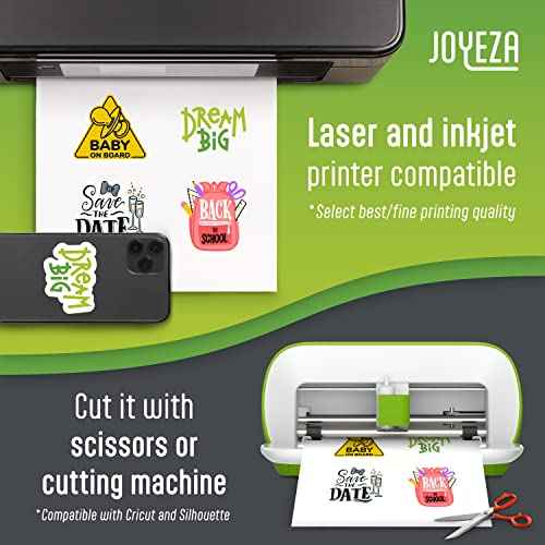 JOYEZA Premium Printable Vinyl Sticker Paper for Inkjet Printer - 80 Sheets Matte White Waterproof, Dries Quickly Vivid Colors, Holds Ink Well- Tear Resistant - Inkjet & Laser Printer
