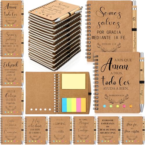 30 Set Spanish Christian Gifts Bulk Religious Notebooks with Bible Verse Pen, Inspirational Spiral Prayer Journal Notepad and Pen Set Church Gifts for Women Men Family Sunday School Church (Kraft)