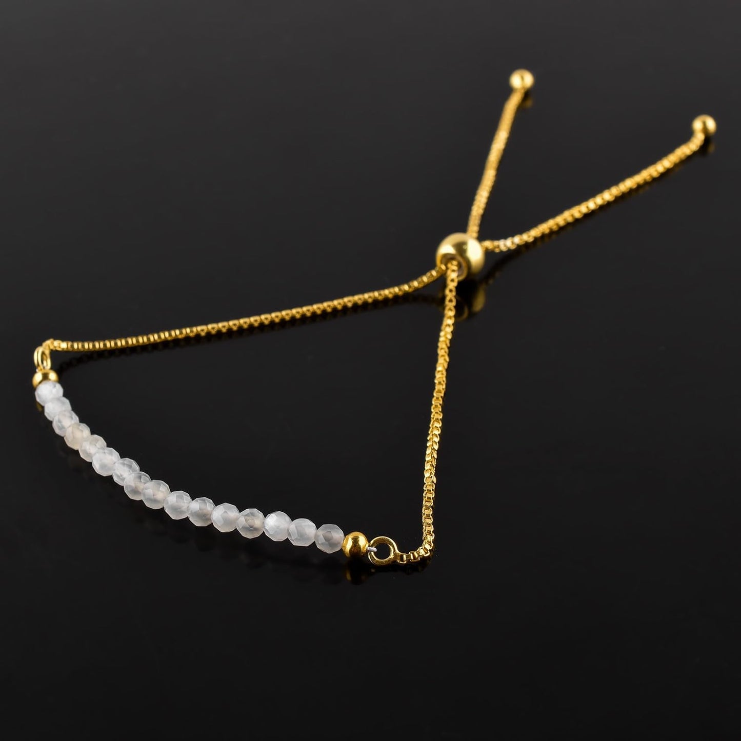 QNAVIC Natural Moonstone Gemstone Micro Beaded Dainty Slider Bolo Bracelet, Handmade Jewelry for women, Healing Chakra Crystals Birthstone Gift for Her, 14K Gold Plated Chain 6-9 inch