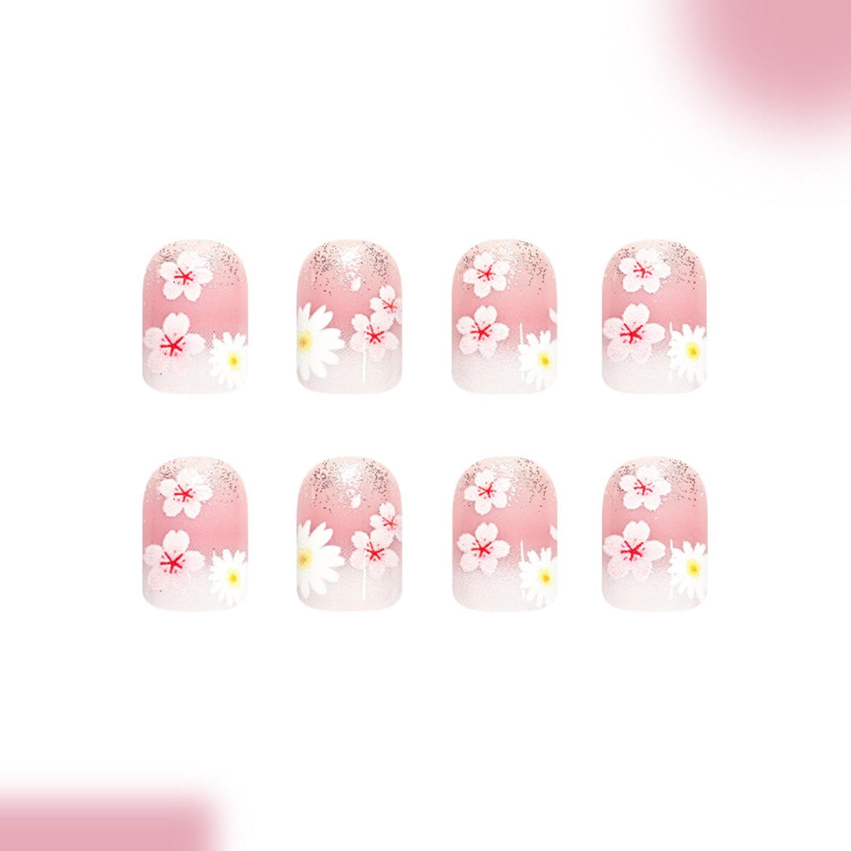 Flower Press on Nails Short Square Fake Nails with Floral Glitter Designs Spring Nails Press ons Pink White Glue on Nails Cute False Nails Summer Stick on Nails for Women 24Pcs