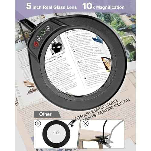 5 Inch Large Magnifying Glass with Light and Stand, 10X Hands-Free Desk Lamp & Clamp, 5 Color Modes Stepless Dimmable Flexible Gooseneck, LED Lighted Magnifier for Repair Crafts Close Work Painting