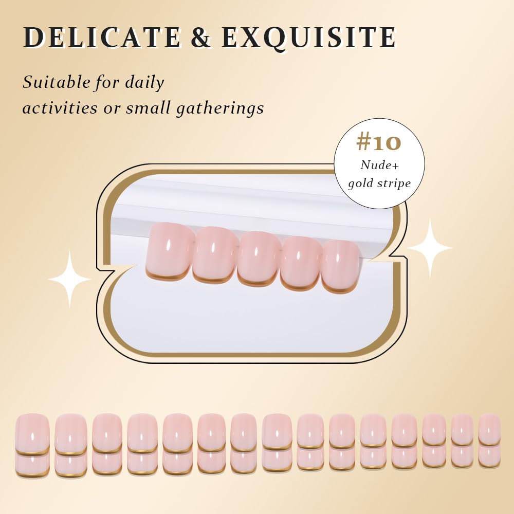 evpct Nude Glossy Press on Nails Short Square with 3D Gold Line, Glossy Ndue Fake Nails Reusable Acrylic False Nail Stick on Press ons for Women Gifts, Perfectly Fit False Nail Kit Gel 30Pcs