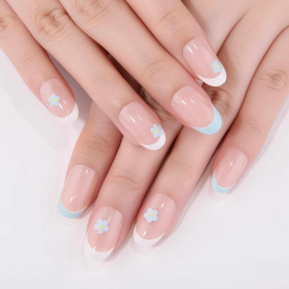 evpct Flower French Tips Press on Nails Short Oval for Women Gift, Nature + Sky Blue & White Tips, Soft Gel Press Stick on Nail with Nail Kit, Supremely Fit Full Cover, Reusable Acrylic Fake Nails Kit