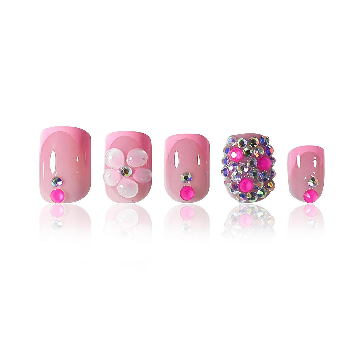 Pink French Tip Press On Nails Short Square & Press On Toenails Set With 3D Flower & Rhinestone Nails Press Ons Nude Pink Fake Nails Summer Acrylic Nails Full Cover Glue On Toenails For Women 48Pcs