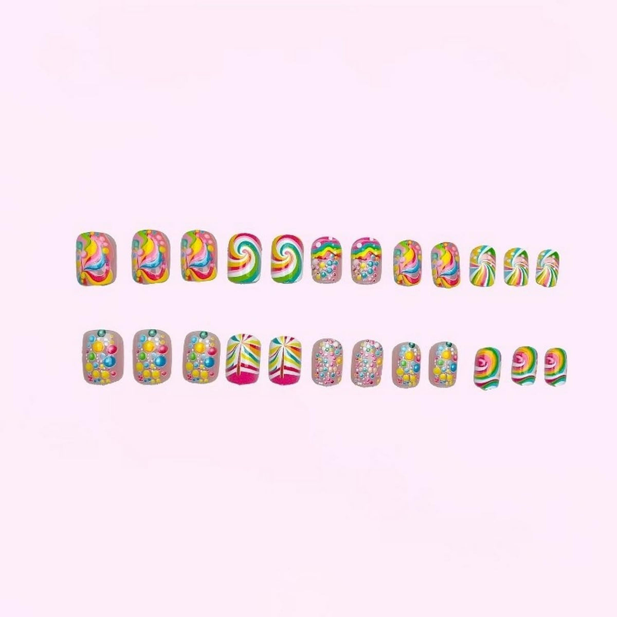 24pcs Summer Press on Nail Cute Fake Nails Short Square Full Cover Stick on Nail with Rainbow designs Colorful Press ones Reusable Glue on Nails for Women Vacation Manicure