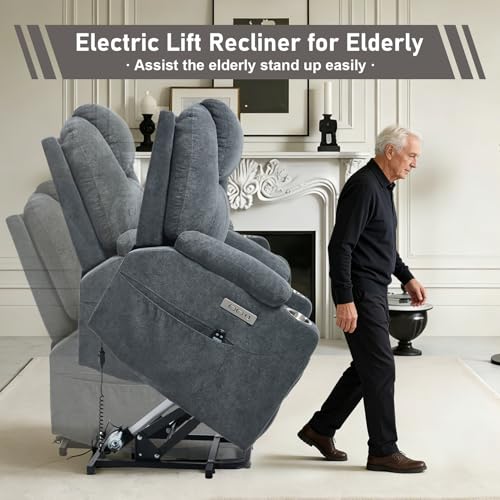 RHHVVR Electric Lift Recliner Chair, Overstuffed Zero-Gravity Recliner with Assisted Standing, Extra Wide Sofa with 8-Point Vibration Massage & Lumbar Heating, Medium-Soft, Grey