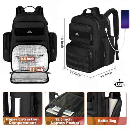 MATEIN Lunch Backpack for Men Work, 15.6 Inch Tactical Backpack with Lunch Compartment, Large Laptop Backpacks with Insulated Cooler Bag for Travel Beach Camping Picnic Hiking, Black