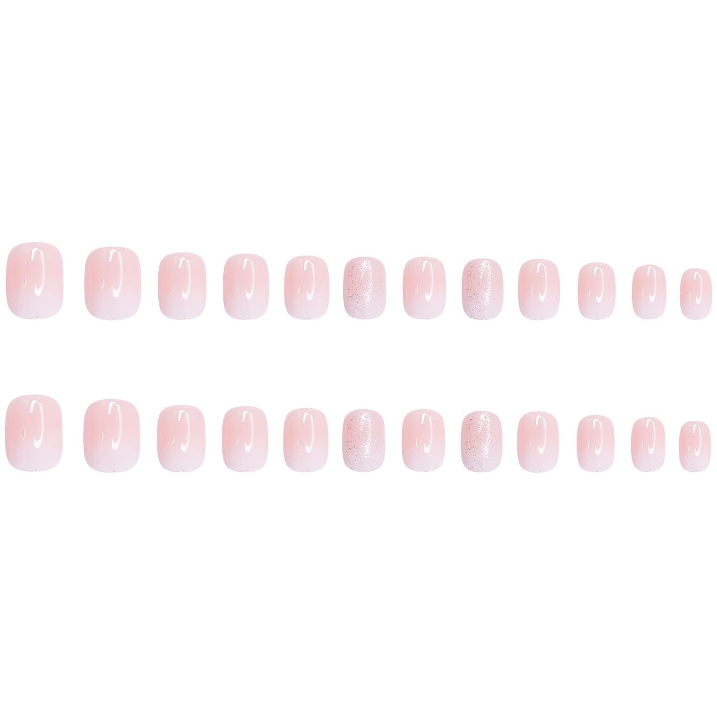 Ombre Press on Nails Short Square MABKJLF Fake Nails Pink&White False Nails with Glitter Designs Full Cover Glossy Glue on Nails Natural Nails Stick on Nails for Women Girls 24 Pcs
