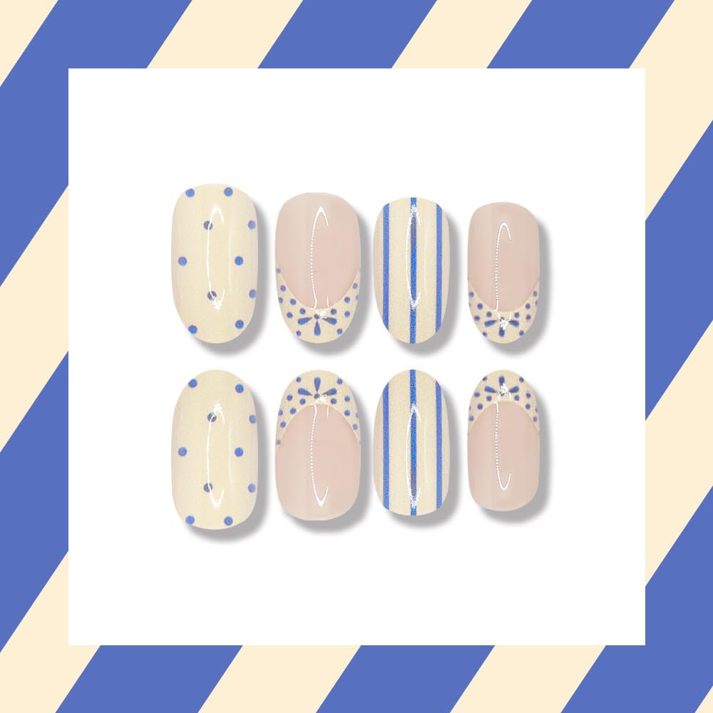 AWDSLUY 24Pcs Blue White French Tip Press on Nails Short Almond Fake Nails with Polka Dot Stripe Design Nude Glossy False Nails Elegant Full Cover Stick on Nails Tips for Women Summer Manicure
