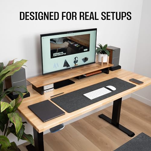 COREMINDED Solid Wood Dual Monitor Stand Riser – 43" Oak Desk Shelf for 2 Monitors with Tray & Wool Felt, Organizer for Desktop, Laptop and Office (Solid Oak)