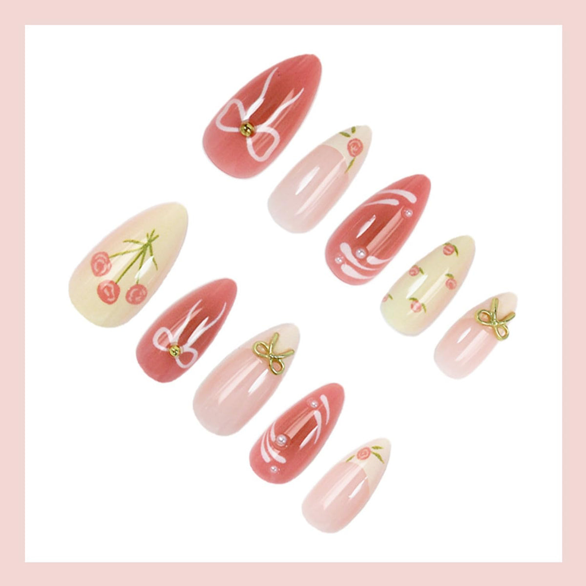 24Pcs Valentines French Press on Nails - Medium Almond Fake Nails with 3D Pearls Bow Design Rose Flower False Nails Pink Gradient Glossy Full Cover Cute Floral Bows Gel Acrylic Glue on Nails for Women