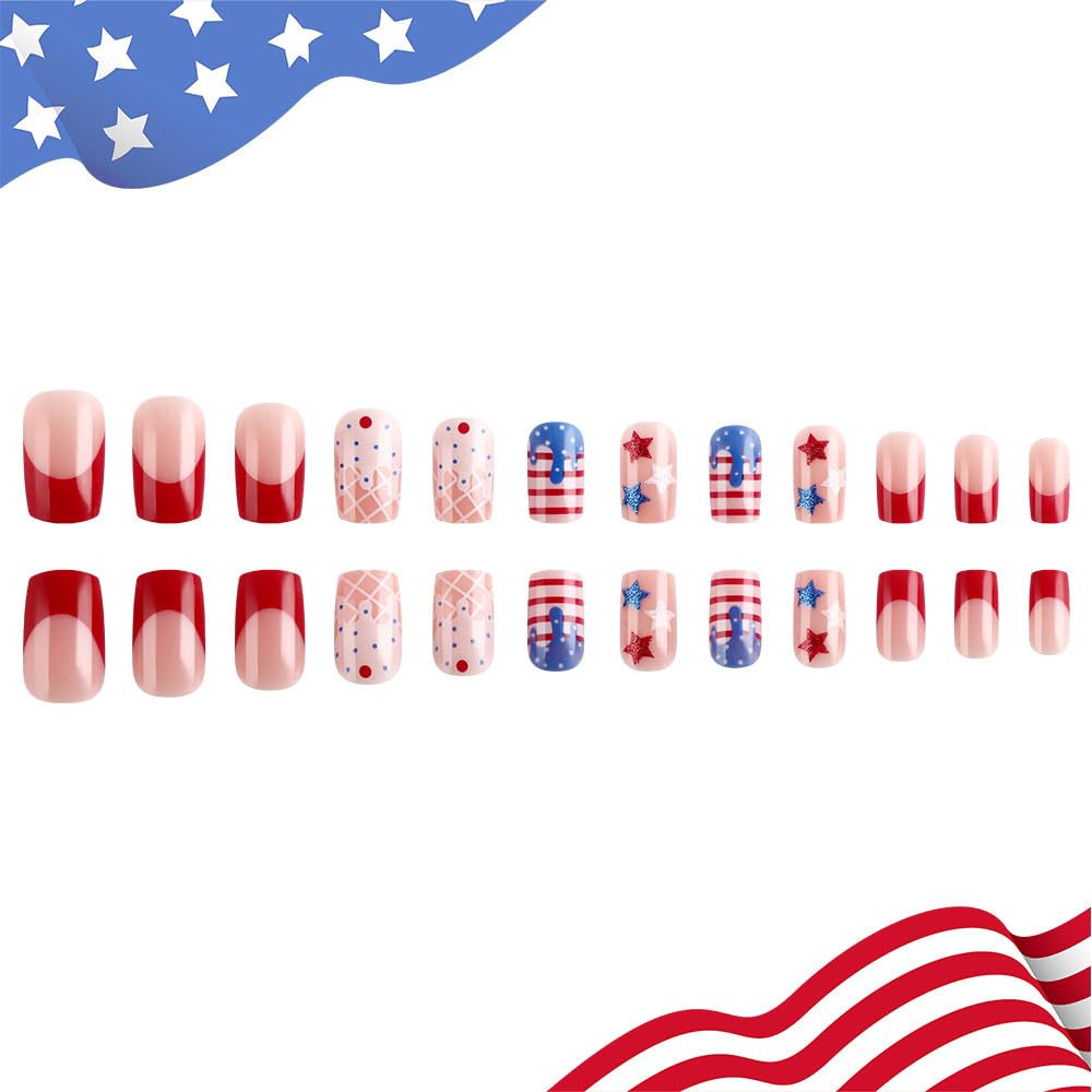 4th of July French Tips Press on Nails Medium Square Fake Nails Independence Day Glitter Stars False Nails Full Cover Glossy for Women Summer Patriotic Ice Cream Manicure Decoration 24Pcs