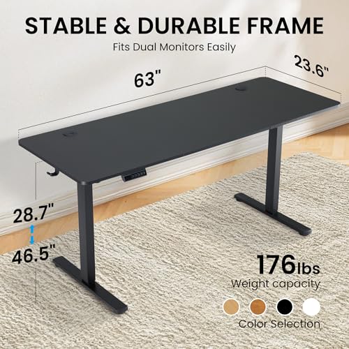 Hexago 63 x 24 Inch Electric Standing Desk, Height Adjustable Sit Stand Desk with Splice Board, 3 Memory Presets, Dual Hooks, Sturdy T-Leg Frame – Black