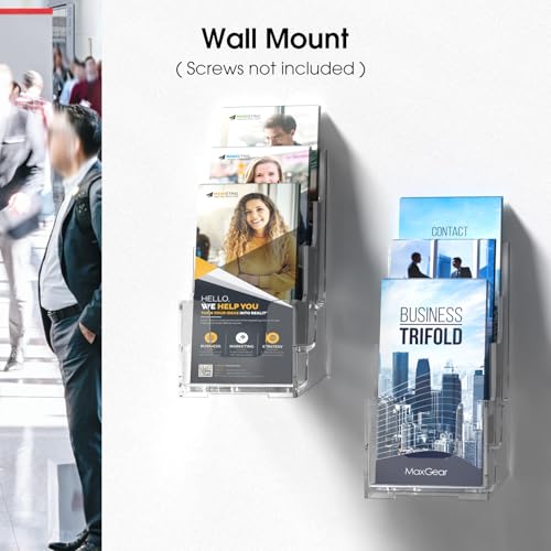 MaxGear Acrylic Brochure Holder, 4 Inch Wide 3 Tier Literature Display Stand, Clear Premium Acrylic Pamphlet Holder, Multi Pocket Wall Mount or Countertop Organizer, Office or Home Use, 2 Pack