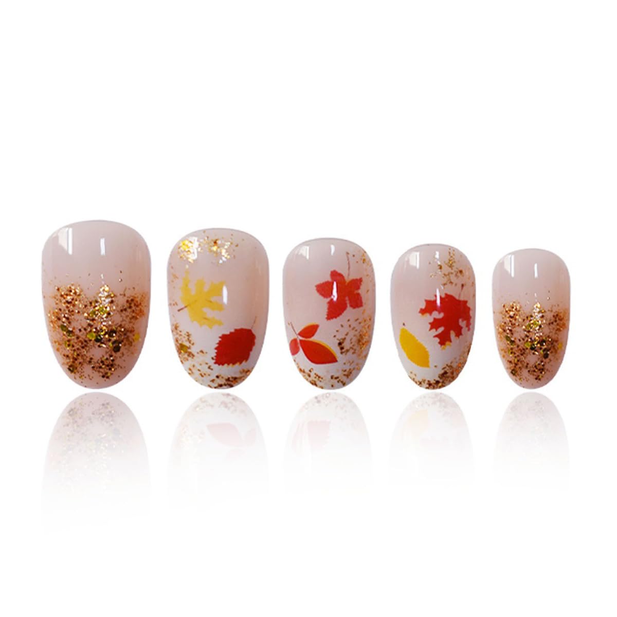 24Pcs Fall Maple Leaf Press on Nails Short Oval Almond Fake Nails with Gold Glitter Designs Thanksgiving Maple Leaves False Nails Full Cover Glossy Nude Acrylic Glue on Nail for Women Autumn Nails DIY