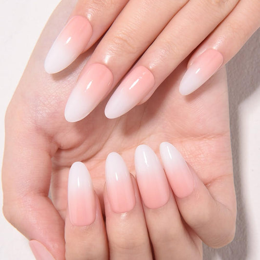 Ombre Pink to White Press on Nails Medium Almond, Medium Almond Glossy Stick on Nails Press on for Women with Manicure Kit, Reusable Acrylic Soft Gel Stick on Fake Nail with Ombre Design Perfectly Fit