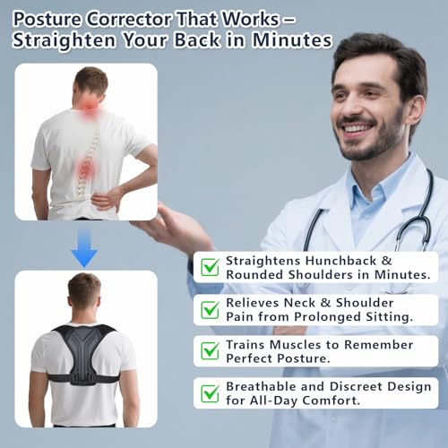 Posture Corrector for Women & Men, Adjustable Upper Back Brace with Anti-Chafing Pads for Neck/Shoulder/Back Pain Relief, Breathable Invisible Posture Brace for Office, Driving, Fitness. (Black, Small)