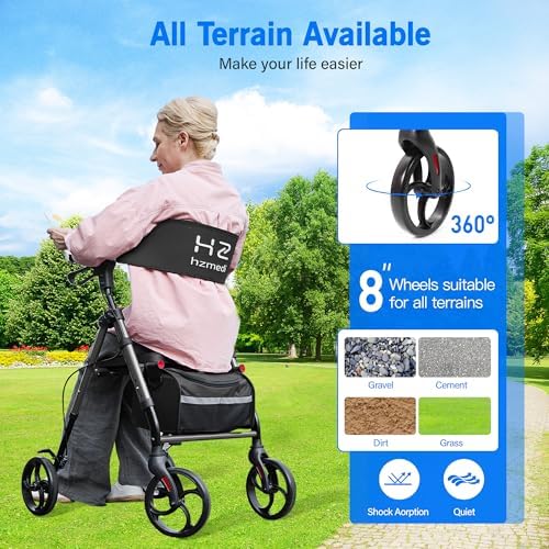 Walkers for Seniors with Seat, 8" Big Wheels Folding Adult Rolling Walker for All Terrain, Dual Adjustable Height Medical Walker with Backrest and Brakes| Metallic Gray