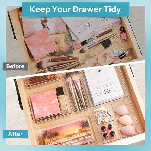 Vtopmart 72 PCS Clear Plastic Drawer Organizers Set, 4-Size Versatile Bathroom and Vanity Organizer Trays, Non-Slip Storage Containers for Makeup, Jewelries, Bedroom£¬Kitchen Utensils and Office