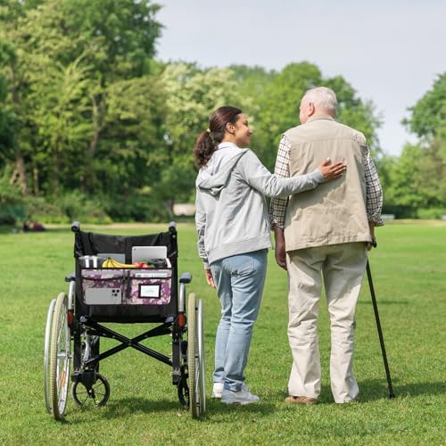 supregear Wheelchair Basket for Back, Large Capacity Wheelchair Backpack Organizer Bag with Multiple Pockets and Cup Holder, Waterproof Storage Pouch for Seniors, Floral Purple