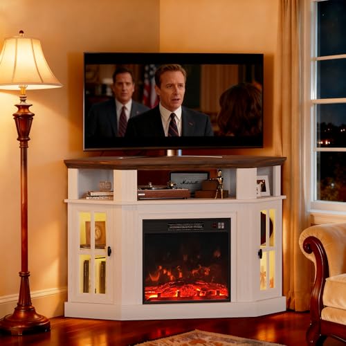 YESHOMY LED Corner Fireplace TV Stand with Mood Lighting, for TVs up to 55" with Storage Cabinets, Entertainment Center, Media Console for Living Room, Bedroom, White