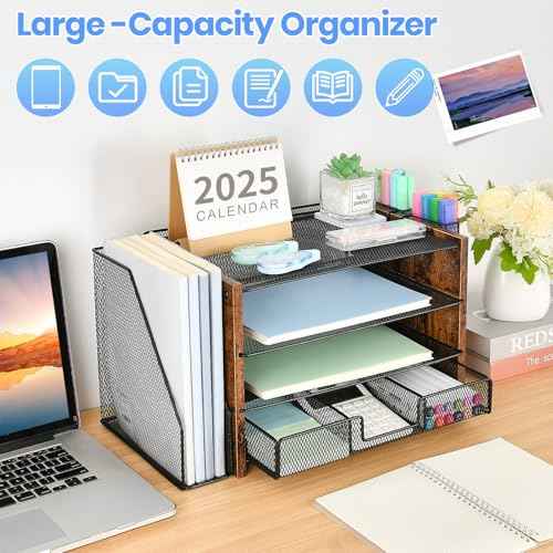 Desk Organizer and Accessories, 4-Tier Desktop File Organizer with Drawer and 2 Pen Holders, Office Desk Accessories for Office Supplies(Wood)