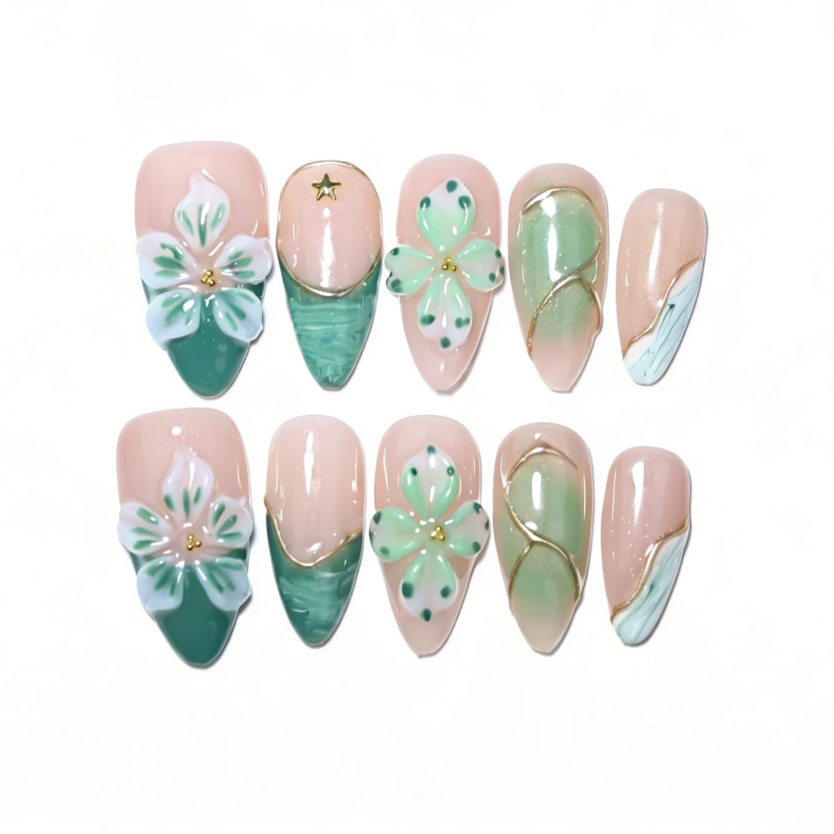 10Pcs Medium Almond Handmade Press On Nails | Easy Apply & Remove, Reusable Salon Quality Nails | Fresh Nude & Green Fake Nails with 3D Floral, Gold Star & Line Accents (5U09, S)