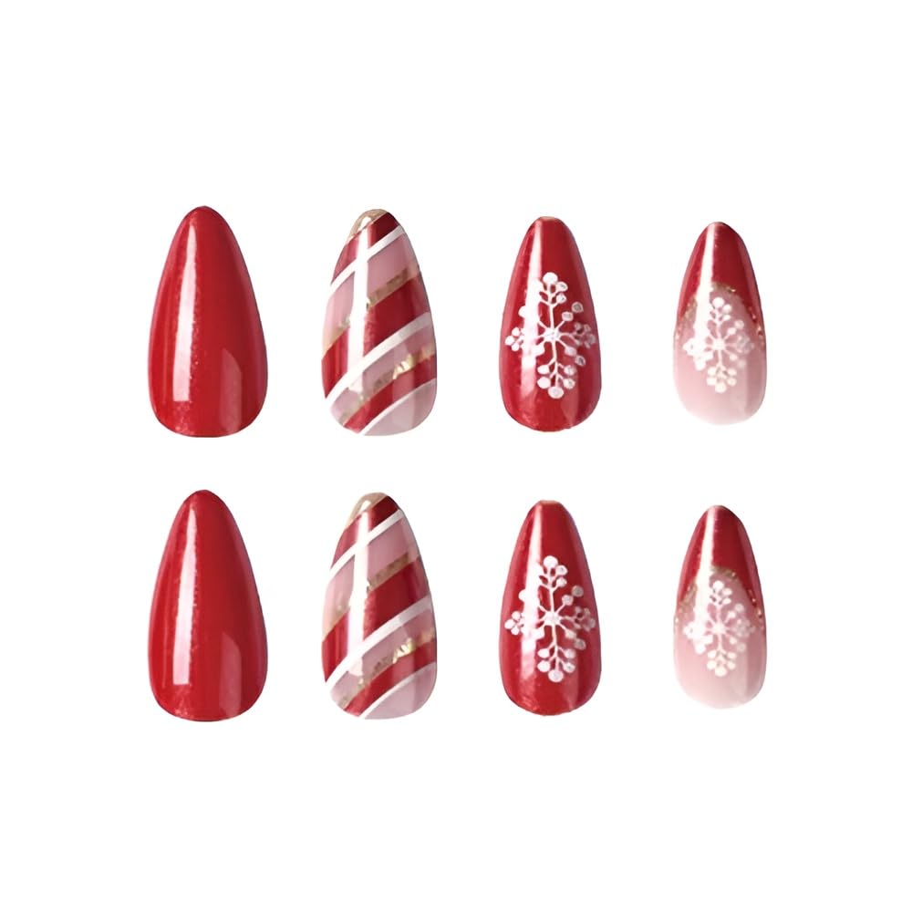 Red Christmas Press on Nails Medium French tips Fake Nails withGold Ribbon Pattern Design White Snowflake False Nails Acrylic Nails Red Full Cover Glue on Nail for Women and Girls