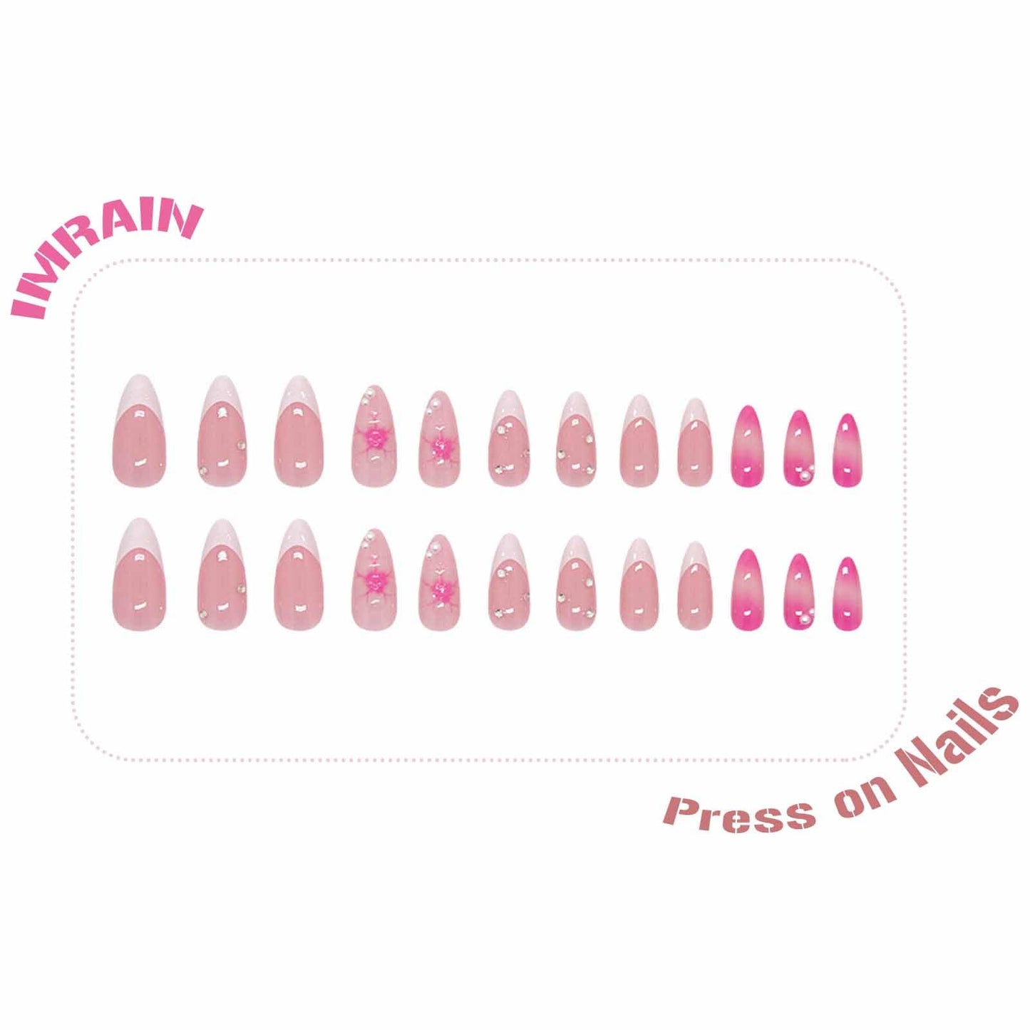 IMRAIN Press on Nails Medium Almond Fake Nails White French Tip False Nails with Hawaii Flower Designs Glossy Acrylic Reusable Summer Pink Stick on Nails for Women Nail Art