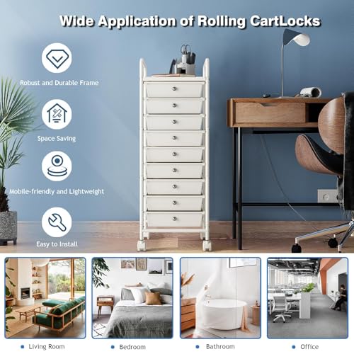 9-Tier Utility Cart with 9 Drawers, Rolling Utility Cart with 2 Lockable Caster Wheels, Multipurpose Mobile Rolling Storage Drawer Cart for Office Bathroom Kitchen, Ivory White