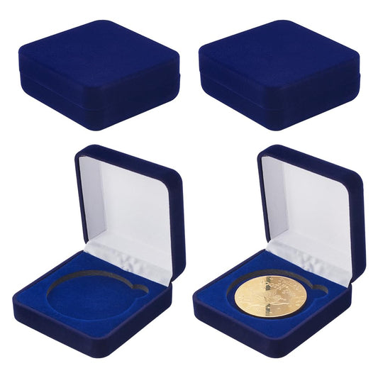 FINGERINSPIRE 4 Pcs 40mm Midnight Blue Velvet Challenge Coin Storage Gift Box 2.58x2.58x1.4 Square Badge Presentation Display Box Single School Emblem Badge Display Holder Medal Storage Case
