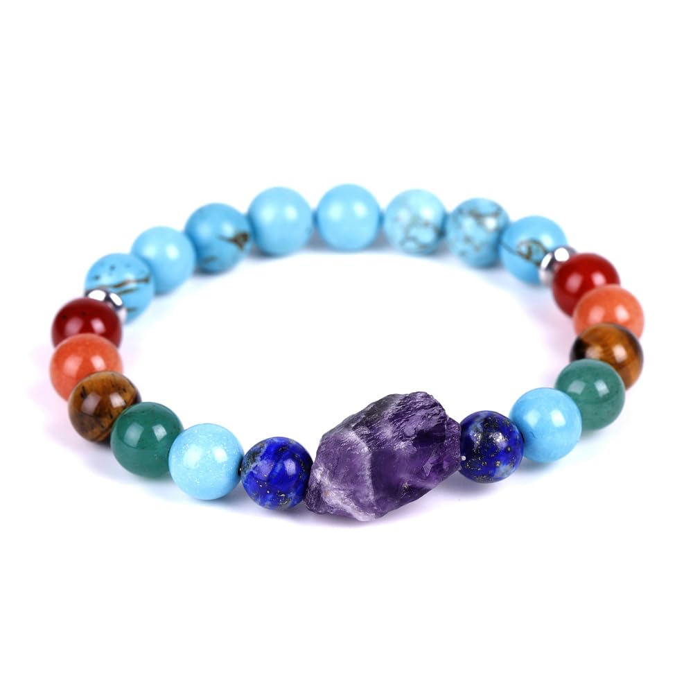 HZHRony 8mm Natural Crystal Bead Bracelet 7 Chakra Bracelet with Real Stones Anxiety Beaded Bracelets Amethyst Jewelry Gifts 7 Inches