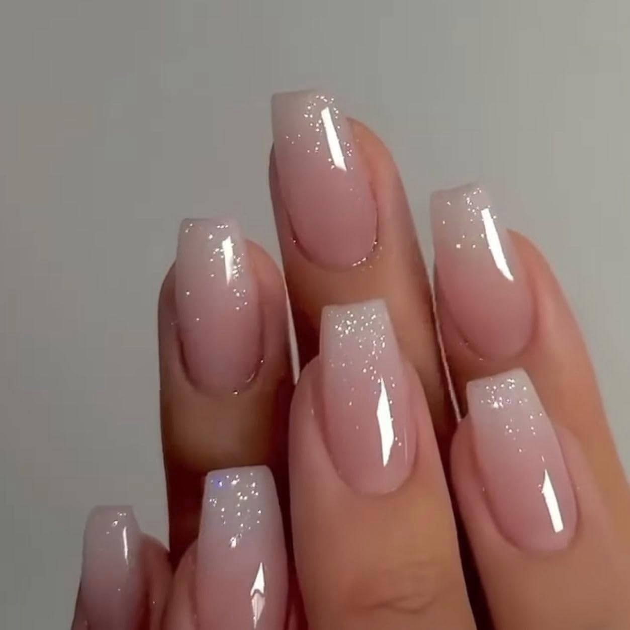 KQueenest Glitter French Press On Nails Medium Coffin Nails Press Ons Gloss, Shimmer Pink Fake Nails For Women, Luxury French Nails Acrylic Nails for Party Daily Wear, 24 Pcs