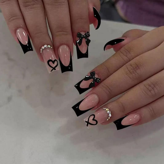 CTTHNBD Medium Press on Nails Coffin - Black French Tip Fake Nails with Bow Charms Design - Heart False Nails Press ons - for Women 24 Pcs