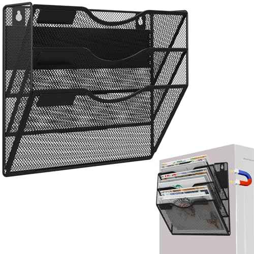 3-Tier Magnetic File Holder, No Drilling Installation File Cabinet Organizer, Black Magnetic File Organizer, Magazine Rack, Magnetic Paper Holder for Refrigerator, File Cabinets, Whiteboard