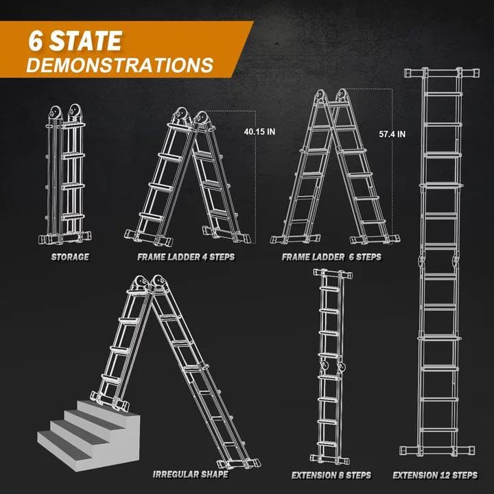 Soctone Ladder, A Frame Extension Ladder, Multi Position with Stabilizer Bar, 330 lbs Weight Rating Telescoping Ladder for Household or Outdoor Work, 14 Ft, Orange