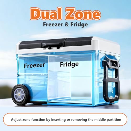 OLIXIS Portable Car Refrigerator, 42QT Dual-Zone Electric Cooler for Vehicles with Wheels & Cutting Board, -4℉-68℉ Freezer Smart Control via Bluetooth, Battery Protection, 12/24V DC & 100-240V AC